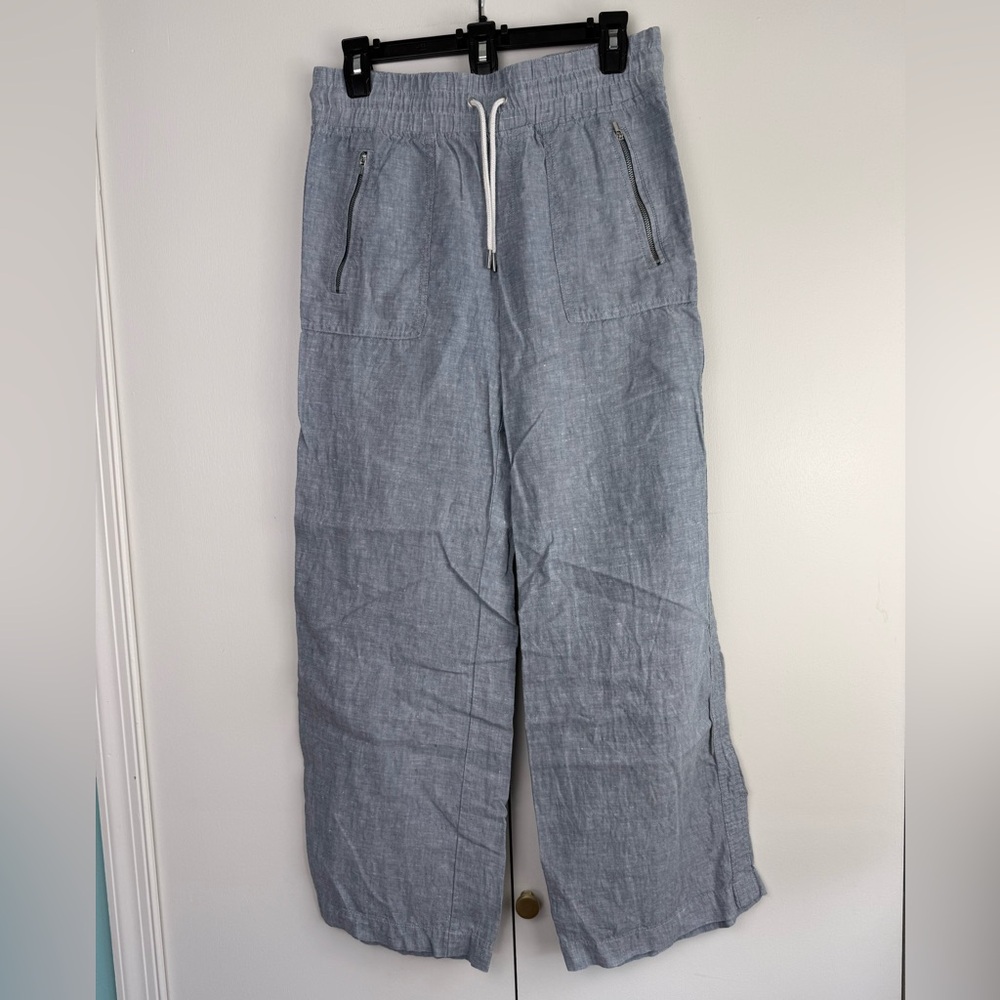 Athleta Cabo Linen Wide Leg Pant Chambray Blue Summer Travel 4 EUC